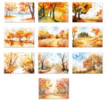 Set of nine autumn-themed paintings with trees and landscapes.