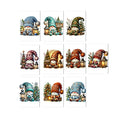 Set of nine Christmas-themed gnome illustrations with decorative elements on a white background.