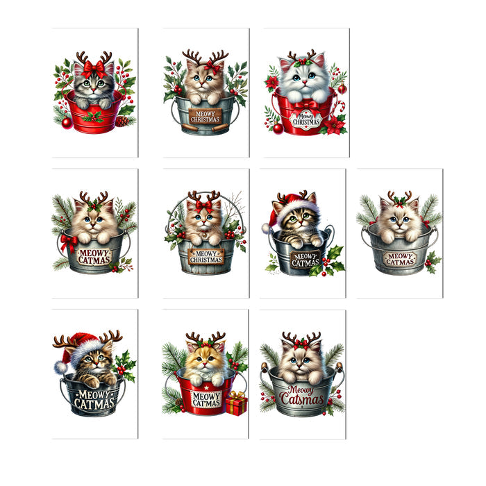 Set of Christmas-themed cards with cats in buckets and festive decorations on a white background.