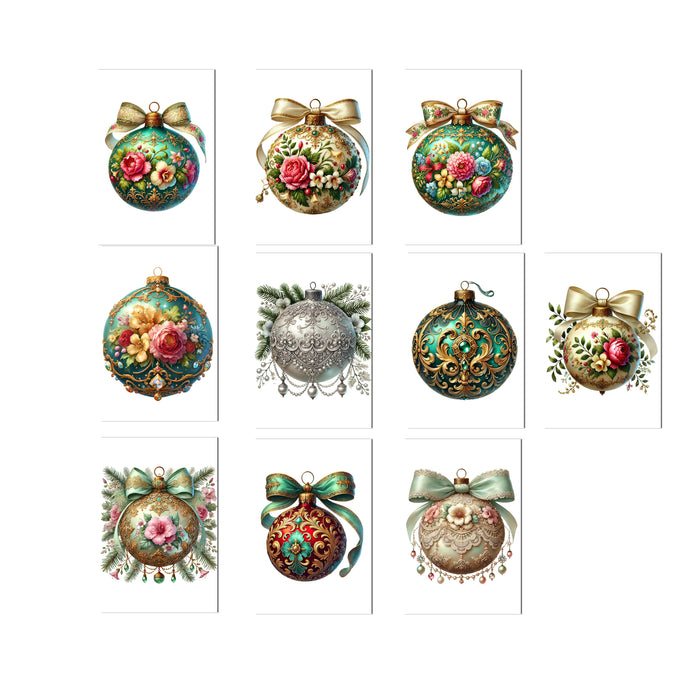 Set of decorative Christmas ornaments with floral designs on a white background