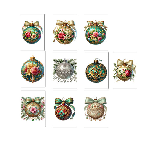 Set of decorative Christmas ornaments with floral designs on a white background