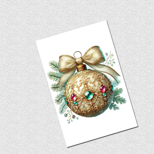 Decorative card with a gold ornament and bow on a textured gray background