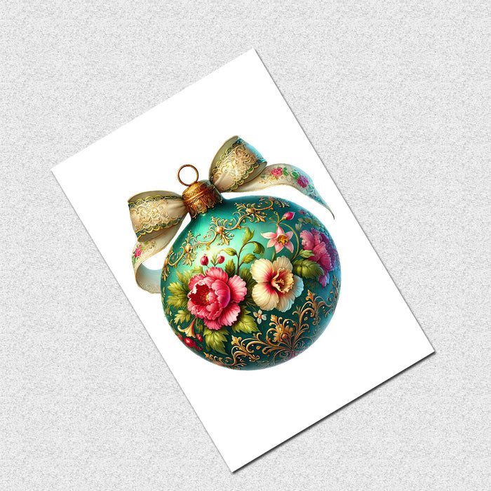 Decorative Christmas ornament with floral design on a white card against a gray background