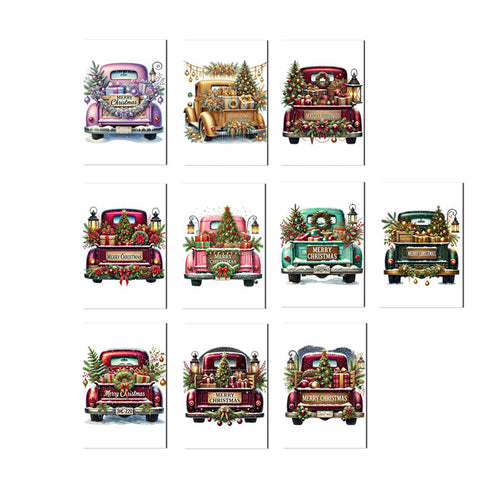 10 Handmade Christmas Cards Notecards 4x6 with Envelopes Blank Folded Vintage Trucks