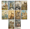 Set of nine stylized castle illustrations in various settings.
