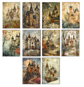Set of nine vintage-style castle illustrations in various settings.