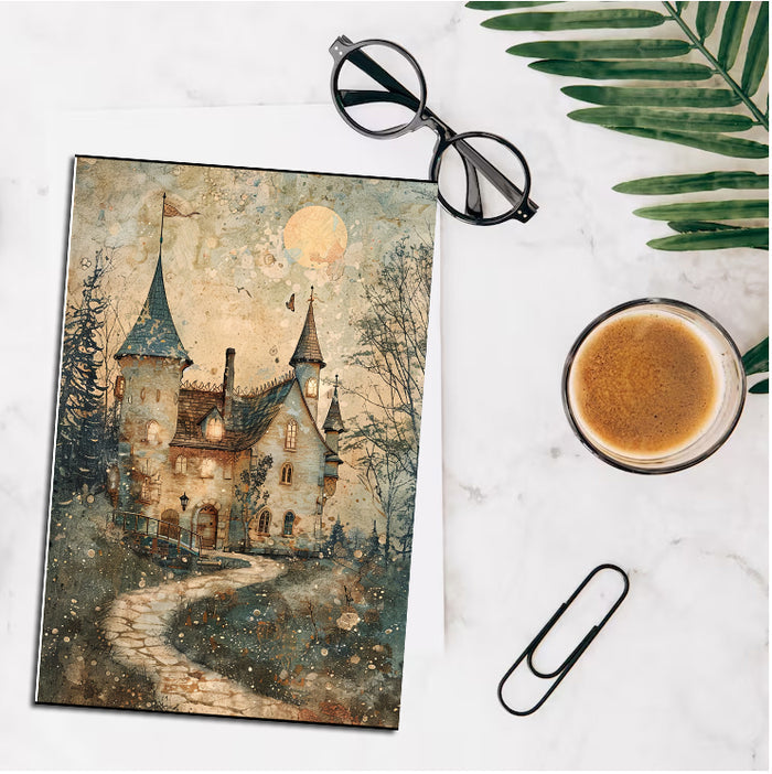 Art print of a castle with a cup of coffee, glasses, and a paper clip on a marble surface.