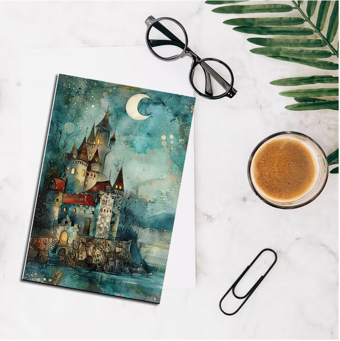 Notebook with a castle illustration, glasses, and a cup of coffee on a marble surface.