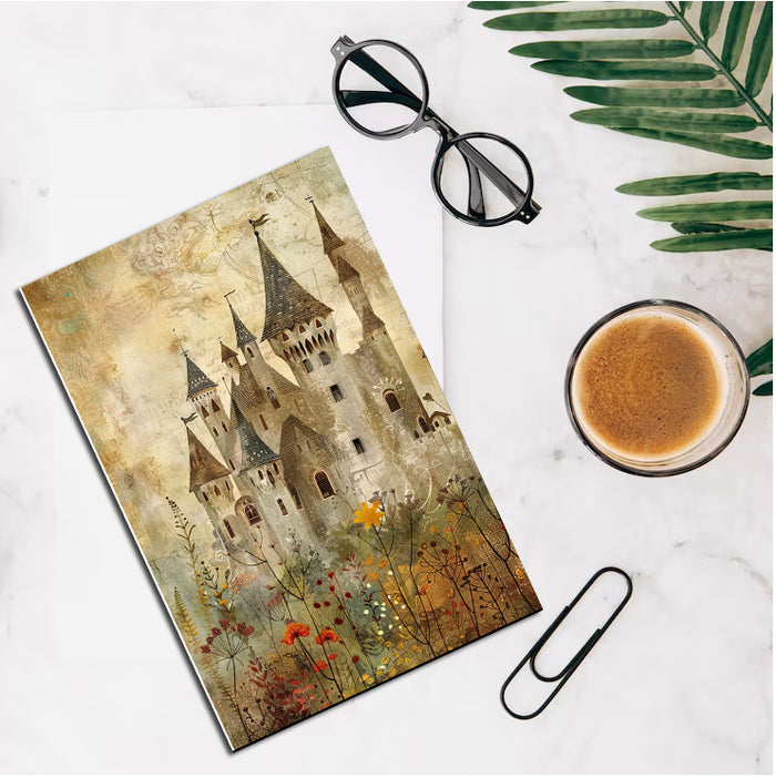 Artistic depiction of a castle on paper with glasses and a cup of coffee nearby.