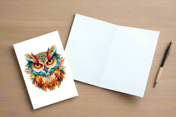 10 Handmade Watercolor Boho Owl Notecards – Blank Inside – Folded Every Occasion Cards with White Envelopes