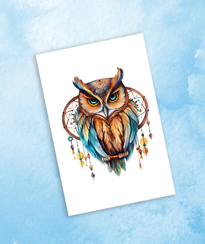 10 Handmade Watercolor Boho Owl Notecards – Blank Inside – Folded Every Occasion Cards with White Envelopes