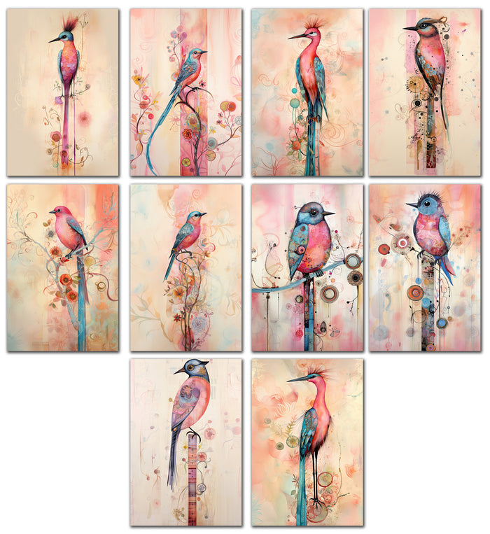 10 Handmade Abstract Birds – Blank Inside – Folded 4x6 Every Occasion Cards with White Envelopes