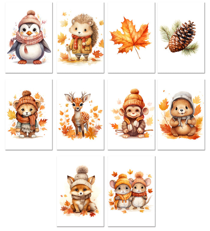 10 Handmade Autumn Animals – Blank Inside – Folded 4x6 Every Occasion Cards with White Envelopes