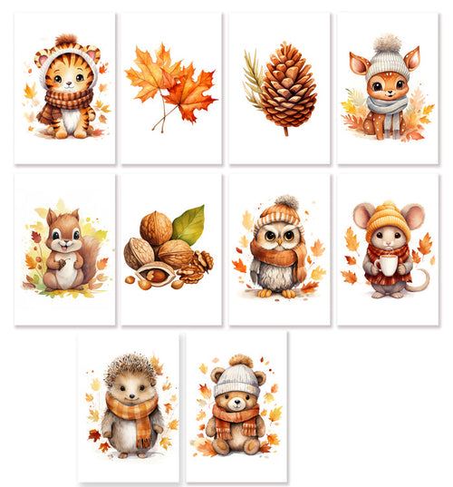 10 Handmade Autumn Animals – Blank Inside – Folded 4x6 Every Occasion Cards with White Envelopes