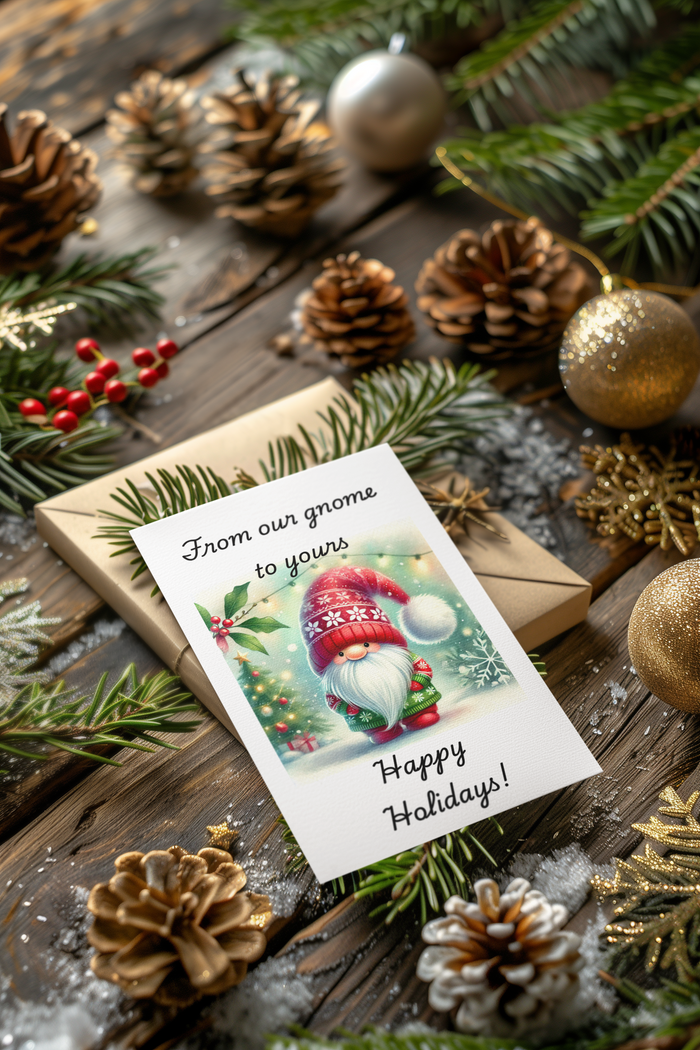 Christmas card with gnome illustration surrounded by pine cones and ornaments on a wooden surface