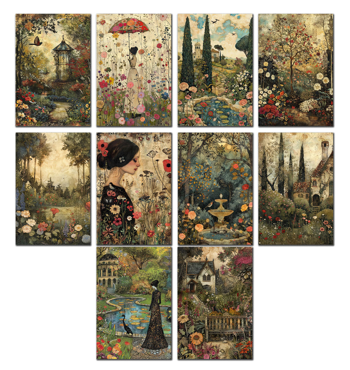 10 Handmade Victorian Gardens – Blank Inside – Folded 4x6 Every Occasion Cards with White Envelopes