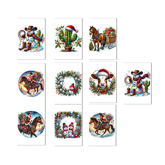 Set of Christmas-themed cards with various illustrations on a white background
