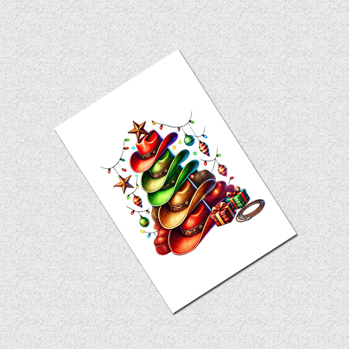 Colorful illustration of a Christmas tree made from cowboy hats on a white card with a gray background
