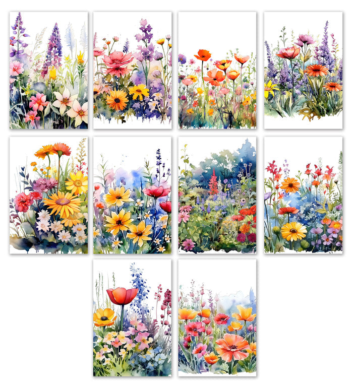 10 Handmade Watercolor Wildflowers – Blank Inside – Folded 4x6 Every Occasion Cards with White Envelopes
