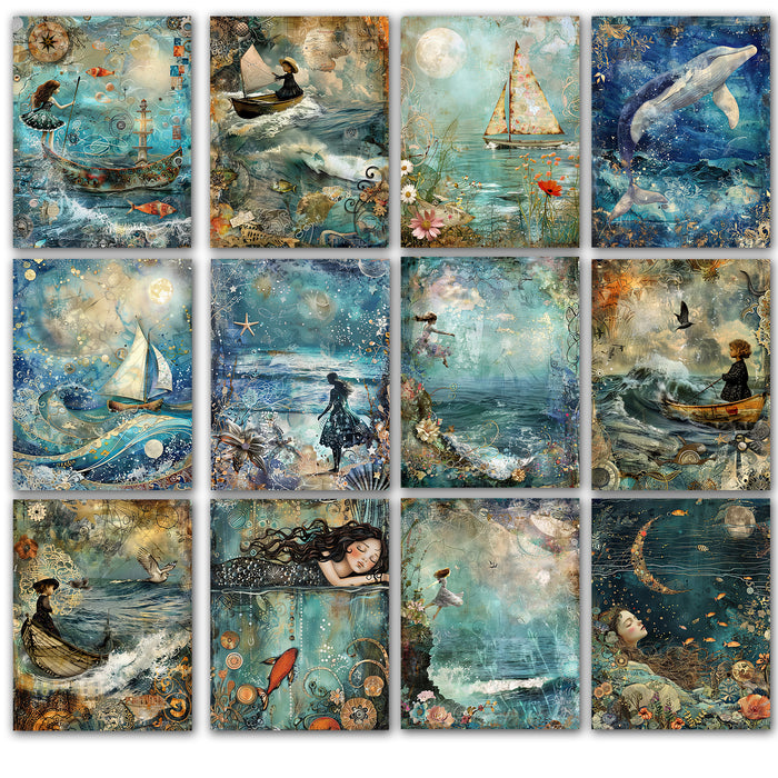 Collage of various artistic illustrations featuring mermaids, boats, and sea creatures.
