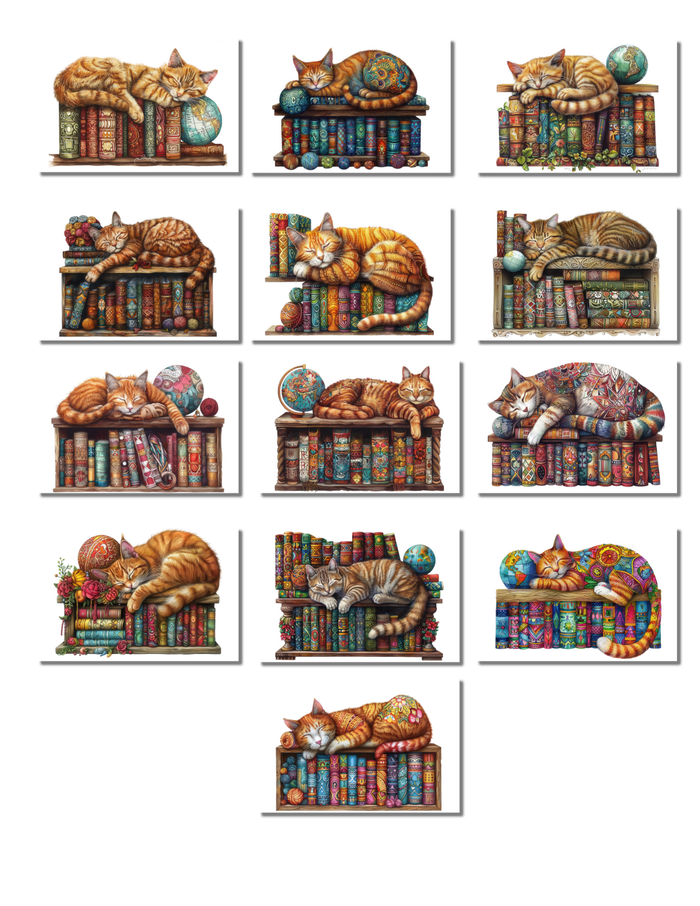 13 Cat on Bookshelf Art Notecards All Occasion 4x6 with Envelopes Blank Folded