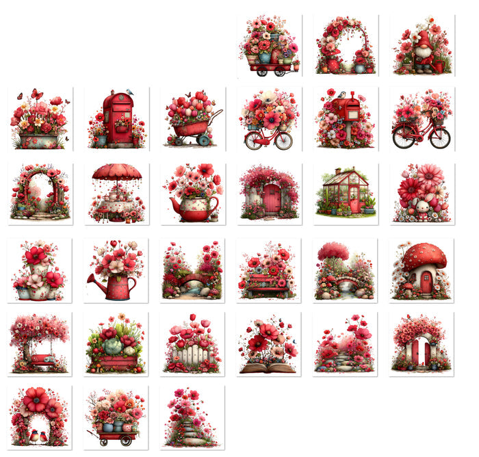 36 Red Flower Garden Handmade Stickers for Laptops, Journals, Notebooks, Scrapbooks