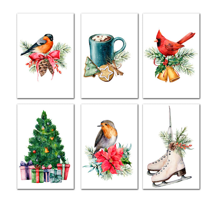 6 Handmade Christmas Watercolor – Blank Inside – Folded 4x6 Holiday Cards with White Envelopes