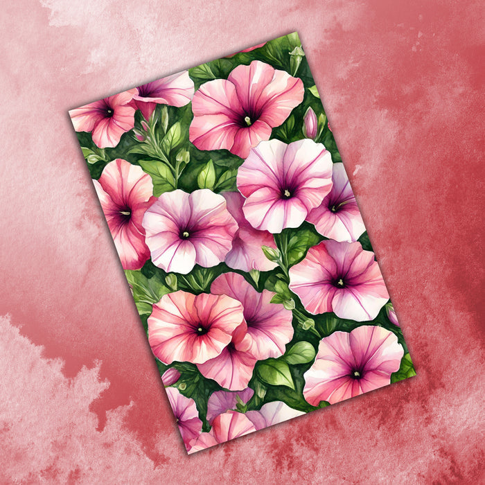 6 Handmade Pink Petunias – Blank Inside – Folded 4x6 Every Occasion Cards with White Envelopes