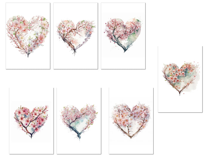 7 Watercolor Cherry Blossom Heart Notecards All Occasion 4x6 with Envelopes Blank Folded