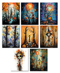Set of Halloween-themed paintings with pumpkins, ghosts, and skeletons on a white background.