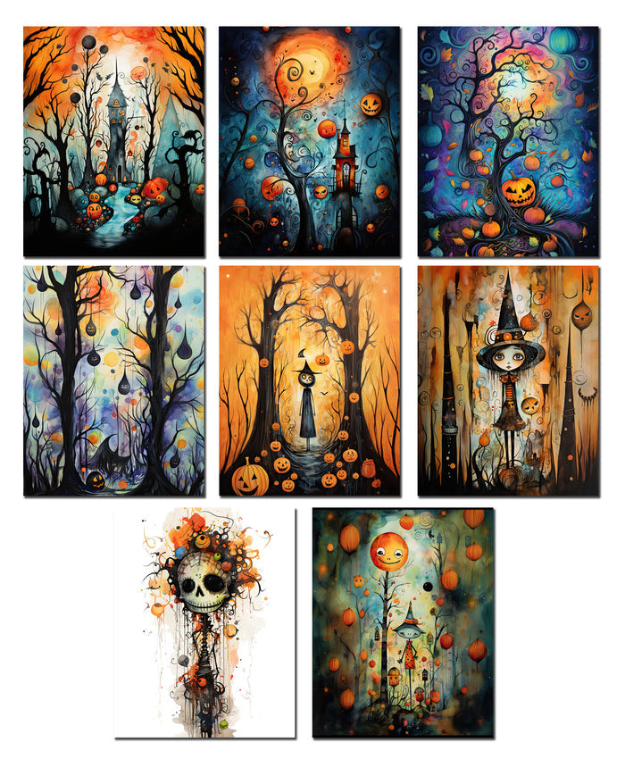 Set of Halloween-themed paintings with pumpkins, ghosts, and skeletons on a white background.