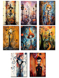 Set of eight colorful Halloween-themed paintings on a white background