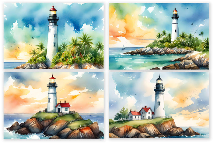 8 Handmade Watercolor Lighthouse Notecards – Blank Inside – Folded 4x6 Every Occasion Cards with White Envelopes