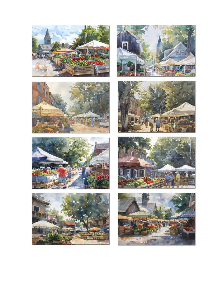 8 Small Town Markets Notecards All Occasion 4x6 with Envelopes Blank Folded