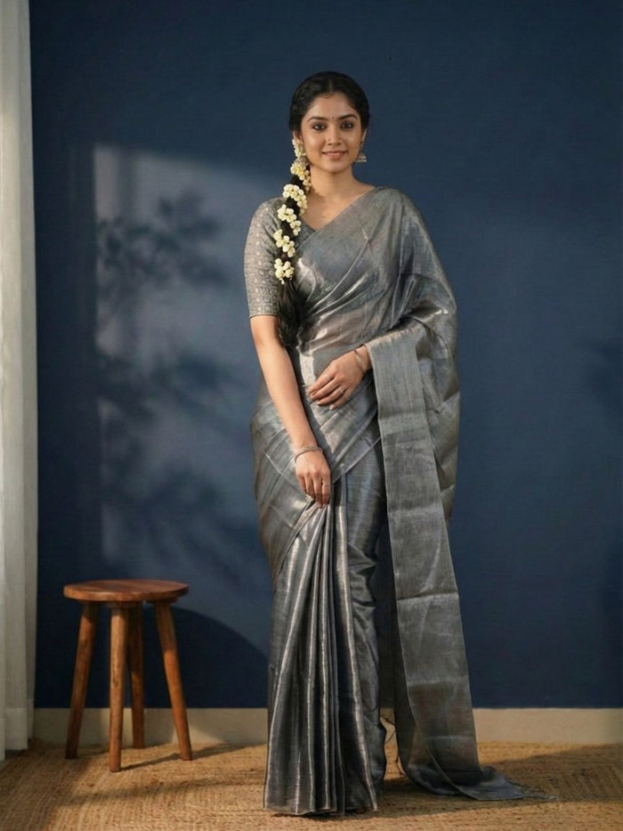 Indiehaat | Pure Tissue Cotton Handloom Saree Gray