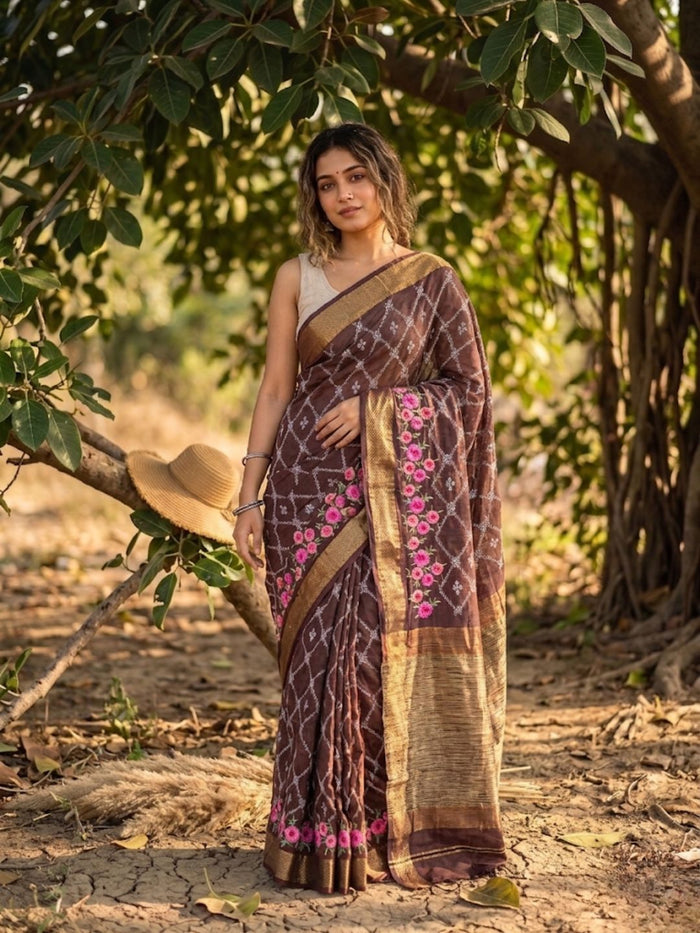 Indiehaat | Silk Linen Embroidery Saree Brown