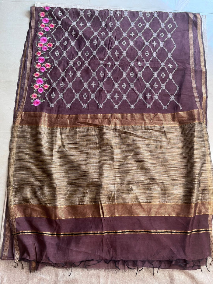 Indiehaat | Silk Linen Embroidery Saree Brown