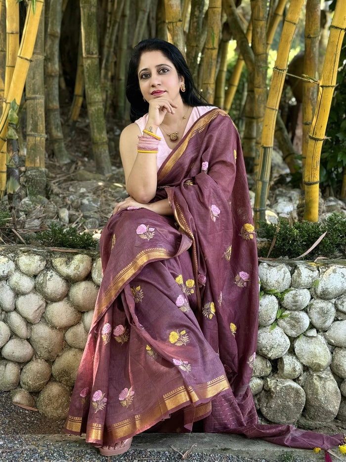 Indiehaat | Silk Linen Embroidery Saree Red
