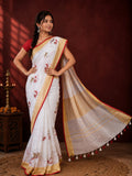 Indiehaat | Pure Linen Embroidered Saree White