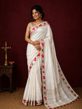 Indiehaat | White Silk Linen Embroidered Saree