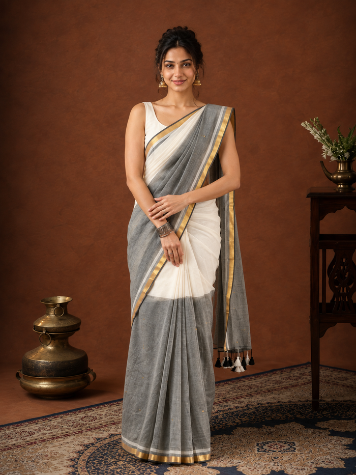 Indiehaat | Pure Handloom Mul Cotton Sequin Saree White & Gray