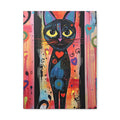 Colorful painting of a black cat with abstract patterns on a white background