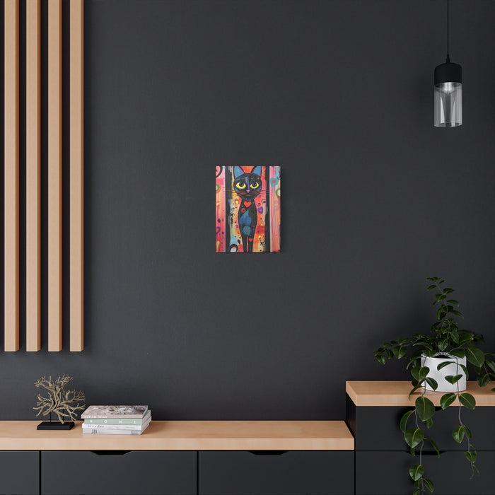 Colorful abstract painting of a cat on a dark wall with wooden shelves and decor.