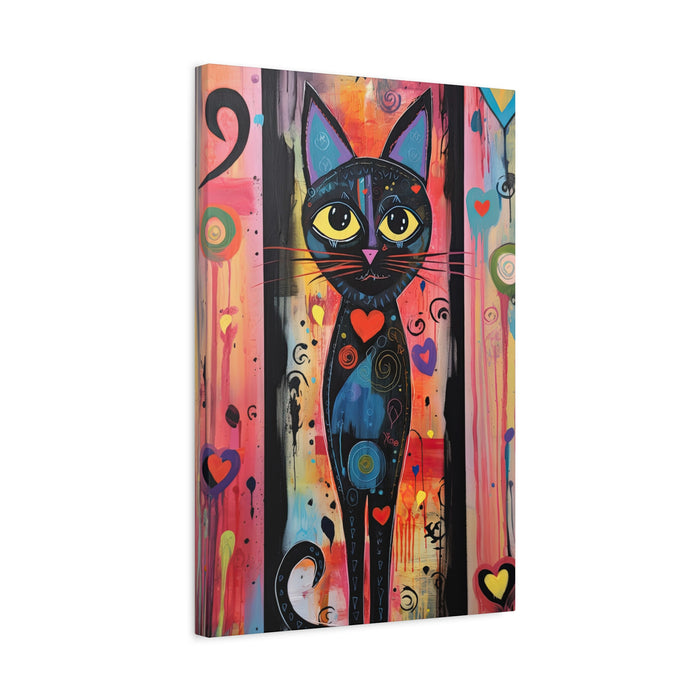 Colorful abstract painting of a black cat with a heart on a white background