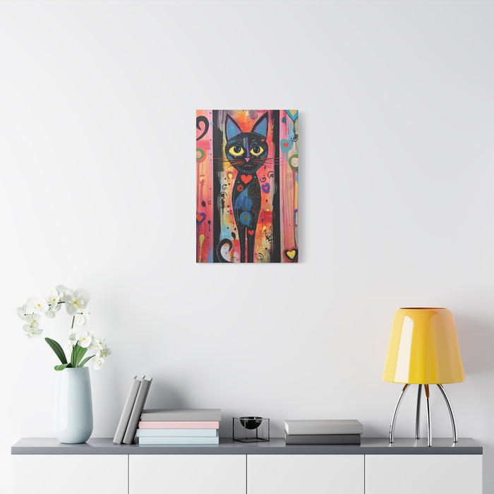 Colorful painting of a cat on a wall above a shelf with decor items.