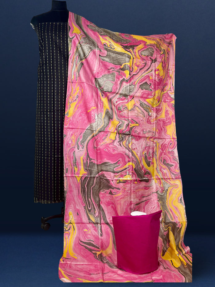 Abstract Katan Silk Marble Print Black & Pink Suit (T+B+D)