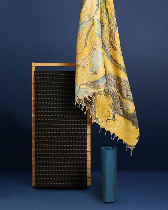 Abstract Katan Silk Tie Dyed Black & Yellow Suit (T+B+D)