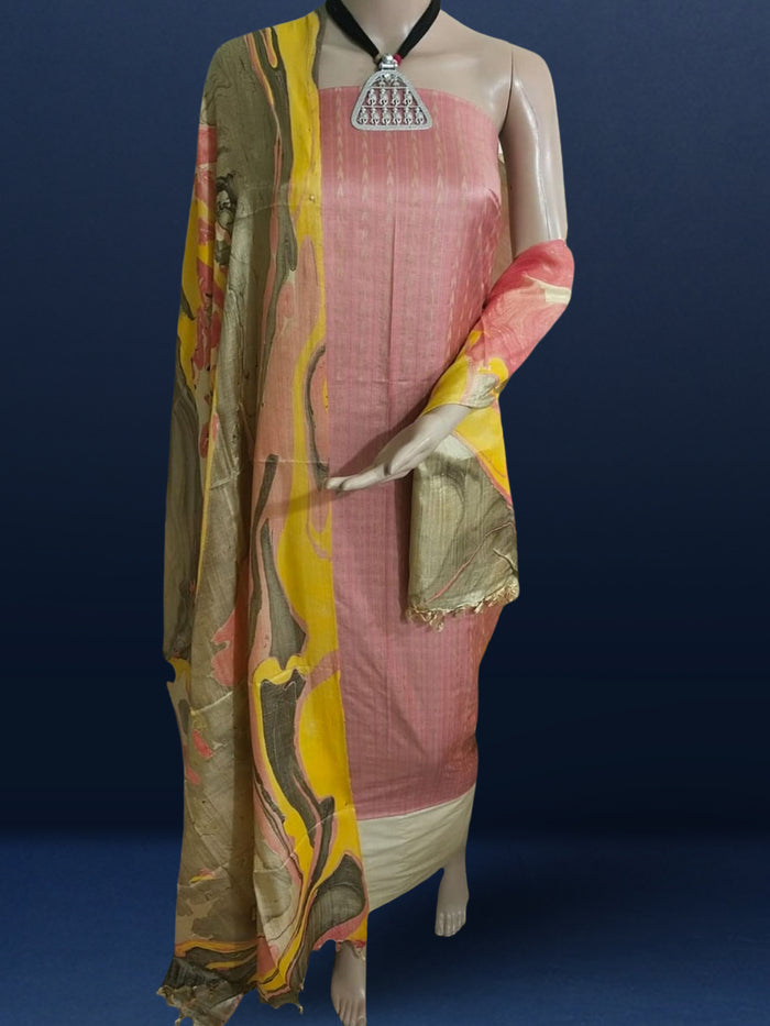 Abstract Katan Silk Tie Dyed Pink & Beige Suit (T+B+D)