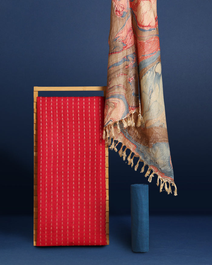 Abstract Katan Silk Tie Dyed Red & Blue Suit (T+B+D)