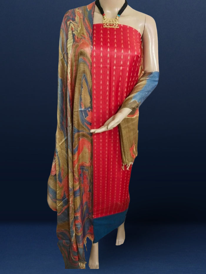 Abstract Katan Silk Tie Dyed Red & Blue Suit (T+B+D)